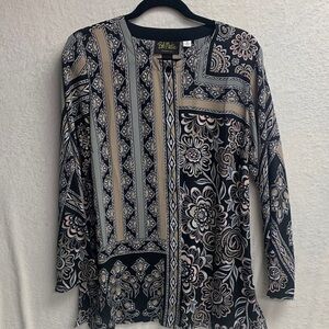 Bob Mackie Black and Tan Floral Pattern Blouse